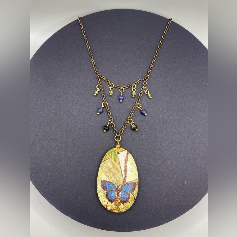 🦋Golden Obsidian Sapphire Peridot Blue Butterfly Necklace